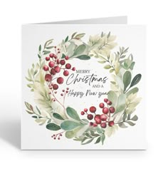 a merry christmas card with holly and berries