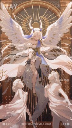 an anime character with angel wings standing in front of two other characters wearing white dresses