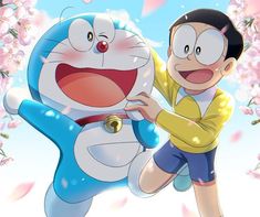 an animated image of a man holding onto a cartoon character with cherry blossoms in the background