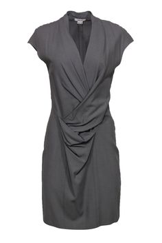 Current Boutique-Helmut Lang - Taupe Gathered Front Sheath Dress Sz 10 Elegant Gray Ruched Dress, Fitted Gray Ruched Dress, Neutral Style, Statement Dress, Plunge Neckline, Neutral Fashion, Helmut Lang, Front Design, Plunging Neckline