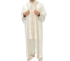 Moroccan jabador men , kaftan for men, Moroccan kaftan for wedding, Djellaba This Moroccan caftan for men is so elegant , it can be worn in special occasions or big events. this Moroccan garment comes with 3 pieces , the long kaftan , the pants, and the long coat.  the embroidery may vary depending on availability. White Kaftan With Traditional Drape For Eid, White Dabka Work Sets For Groom, Traditional Long Agbada For Wedding, Festive Long Agbada For Wedding, Traditional Drape Thobe With Dabka Work For Eid, Eid Thobe With Dabka Work In Traditional Drape, Festive Formal Thobe With Dabka, Festive Formal Thobe With Dabka Detailing, Formal Festive Thobe With Dabka Detailing