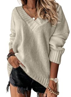 PRICES MAY VARY. Material:EVALESS oversized sweaters for women are made of cozy and soft material,it's comfy against the skin.womens sexy deep v neck sweaters is casual and laid back, perfect as daily wear. Features:women's fall knitted sweaters featuring sexy deep v neck,long sleeve,cable knit,solid color,loose fit style.this fashion pullover tops is made of good quality fabric to ensure you a comfy and cozy feeling.the knitted jumper sweaters is perfect for the chilly months. Match:womens casu Oversized Sweater Women, Pull Oversize, Solid Color Sweater, Casual Chique, Winter Pullover, Estilo Chic, Long Sleeve Pullover Sweater, Warm Sweaters, Long Sleeve Knit Tops