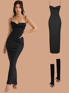 Satin Spaghetti Strap Corset Maxi Dress For Women - Golden Atelier Winter Party Dresses With Spaghetti Straps, Fitted Black Slip Dress For Dinner, Long Body Con Dress, Dress And Gloves, Corset Maxi Dress, Corset Style Dresses, Solid Maxi Dress, Dress With Corset, Corset Midi Dress