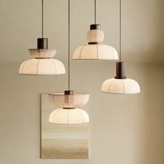 four lights hanging from a ceiling in a room