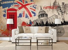 a living room with a british flag mural on the wall and a red phone booth