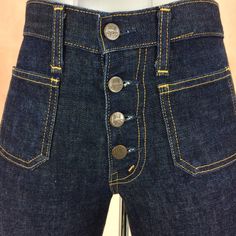 "Size 28 Vintage Western Sailor Bootcut Jeans W28 L32 Mid Waist Exposed Button Fly Wide Leg Flare Jeans, waist 28\" medium Brand: Big John Fits like 28\" waist, 10.5\" rise, 21.5\" thighs, 36\" hips, 32\" inseam, 21.5\" leg opening! Fits a size 28, but check your measurements and compares the measurement with your garment. (see full measurement below) Recommended waist size: 28\" (28x32) Material :  ✂ Cotton 100% ✂ Exposed Button Fly ✂ Scovill rivets ✂ Made In JAPAN Dark Wash Big John Western Sa Classic High Rise Pants With Button Closure, Mid-rise Bottoms With Snap Buttons For Fall, Fitted Mid-rise Bottoms With Button Closure, Mid-rise Fitted Pants With Button Closure, Fitted Mid-rise Bottoms With Buttons, High Waist Fitted Jeans With Button Closure, Fitted High Rise Pants With Button Closure, Fitted High Waist Jeans With Button Closure, Fitted Wide Leg Jeans With Button Closure