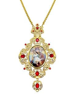 Red Crystals Pectoral Cross Necklace Gold plated Clergy Pectoral Cross with red crystallized glass elements, Jesus with Mary icon, and long chain. Beautiful handcrafted cross on Iron base, plated in gold to ensure durability and prevent corrosion tarnish. Pendant Length (H X W) : 15 cm x 9 cm / 5.9" x 3.5", Chain size: 23" Packed in beautiful gift box with velvet base to provide extra protection. Christian priest bishop Cross can be hanged at home or used at Church. The Cross combined with a lon Red Metal Necklace With Large Pendant, Spiritual Red Jewelry For Christmas, Red Spiritual Metal Jewelry, Red Pendant Chain Jewelry, Red Spiritual Necklace With Large Pendant, Red Spiritual Cross Pendant Jewelry, Spiritual Red Metal Necklace, Red Cross Pendant Necklace For Gift, Red Cross Pendant Necklace Gift