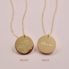 Our Wildflower necklace features a beautiful floral bouquet design engraved on the front, with the option to add a word, initials or a date on the back (or just keep it blank).DETAILS: 14kt gold filled or sterling silver choose chain length, model wearing 17" include back engraving instructions when ordering we can fit up to 8 characters on the back Wildflowers are said to symbolize joy and the idea that life doesn't always have to grow according to plan to still be quite beautiful. Celebrate so Dainty 14k Gold Filled Engraved Charm Necklaces, Dainty Engraved 14k Gold Filled Charm Necklaces, Dainty 14k Gold Filled Engraved Charm Necklace, Dainty Gold Necklaces With Engraving Option, Dainty Gold Necklace With Engraving Option, Delicate 14k Gold Filled Engraved Necklaces, Delicate Engraved 14k Gold Filled Necklaces, Delicate 14k Gold Engraved Charm Necklace, 14k Gold Wedding Necklace With Birth Flower