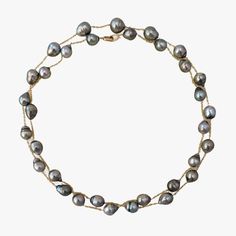 9 - 11mm Semi - Baroque Tahitian Pearl Station Long Necklace - Marina Korneev Tahitian Pearl Necklace, Modern Jewellery Design, Dramatic Look, Gunmetal Grey, Station Necklace, Tahitian Pearls, Yellow Gold Chain, Small Jewelry, Contemporary Jewelry