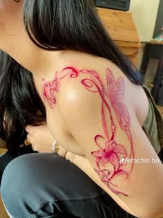 Pink Tattoo On Brown Skin, Shoulder Wrap Tattoo, Shoulder Tattoos For Women Unique, Aura Tattoos, Side Body Tattoos, 24 Tattoo, Woodland Elf, Jewel Tattoo, Pink Tattoo