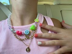 Trendy Pink Chain Necklace, Playful Smiley Face Jewelry For Everyday, Trendy Beaded Chain Charm Necklaces For Gifts, Trendy Everyday Charm Necklaces, Cheerful Smiley Face Jewelry For Everyday, Playful Smiley Face Jewelry For Gifts, Playful Pink Necklace For Everyday, Trendy Charm Necklace With Adjustable Chain, Cheerful Smiley Face Jewelry As Gift