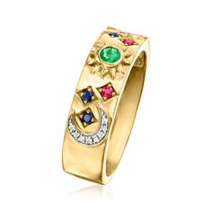 Ross-Simons - .20ct t. w. Multi-Gemstone Celestial Ring, Diamond Accents Over Sterling. Size 5. An RS exclusive. Featuring a celestial sky more colorful than you could ever imagine, this stackable ring is quite the eye-catcher! Stars and a sun of .20 ct. tot. gem wt. emerald, sapphire and ruby rounds glow alongside diamond-accented moons. Crafted in 18kt yellow gold over sterling silver. 1/4" wide. Multi-gemstone celestial ring. Emerald birthstones are the perfect gift for May birthdays. Celestial Multi-stone Yellow Gold Jewelry, Celestial Yellow Gold Multi-stone Jewelry, Celestial Multi-stone Diamond Jewelry, Celestial Multi-stone Diamond Ring, Celestial Yellow Gold Jewelry With Center Stone, May Birthdays, Celestial Ring, Emerald Birthstone, Multi Gemstone Ring