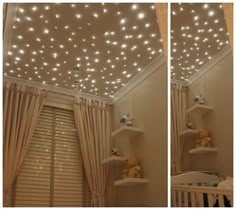 two pictures of a baby's room with lights on the ceiling and curtains open