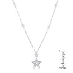 Bianca Star with Shimmering CZ Pendant Necklace. There are shining stars on the chain and one incredible twinkling star pendant covered with sparkling cubic zirconia that make this piece so pretty.Item# BSJ-PN101329R01Plating: Silvertone Rhodium PlatedBase Metal: Lead Free Alloy (Brass) Gemstone: Grade AAAAA Cubic ZirconiaGemstone Cut Grade: IdealGemstone Color: ClearTotal Carat Weight (appx): 0.4ctStone Cut: RoundStone Size: 1mmPendant Size: 25mm LNecklace Size: 457mm L (18in) + 51mm L Extender Star-shaped Cubic Zirconia Jewelry With Sparkling Stones, Star Shaped Cubic Zirconia Jewelry With Sparkling Stones, Cubic Zirconia Star Jewelry With Sparkling Stones, Dazzling Star-shaped Cubic Zirconia Jewelry, Star-shaped Sparkling Cubic Zirconia Necklaces, Cz Necklace, Cz Pendant, Stone Cuts, Star Pendant