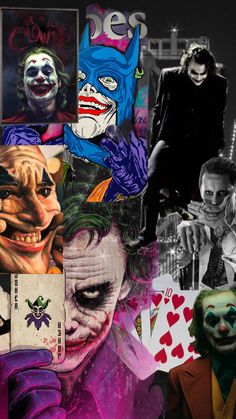 a collage of photos with jokers, clown faces and other things in the background