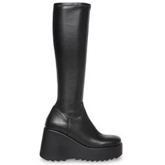 There’s Nothing Boring About Duke30. An Homage To 90s Grunge, These Knee-High Head Turners Are Designed With Soft Leather Material And Sit On An Exaggerated Platform Sole. 3.25 Inch Heel Height 1.25 Inch Platform Size 6 Measurements: 11.5 Inch Shaft Circumference, 15 Inch Shaft Height Size 8 Measurements: 13 Inch Shaft Circumference, 15.5 Inch Shaft Height Size 10 Measurements: 13.75 Inch Shaft Circumference, 16.75 Inch Shaft Height Vegan Leather Upper Material Vegan Leather And Textile Lining Synthetic Sole Imported Black Knee High Boots, Black Knees, Steve Madden Shoes, Will Turner, Moto Boots, High Boots, Leather Material, Knee High Boots, Knee High