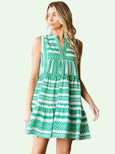 a blonde model in the green and white patterned swing dress Skirt Layers, Hair Wrap Scarf, Ruffled Skirt, Easy Summer, Beach Days, Scarf Hairstyles, Shopping Trip, Fashion Tops, Hat Hairstyles