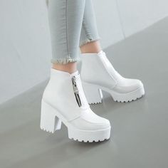 Platform Thick High Heels Women Boots– MaviGadget Chunky Shoes, Girly Shoes, Platform High Heels, Platform Ankle Boots, White Boots, Womens Boots Ankle, Platform Boots, High Heel Boots, Womens High Heels