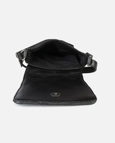 a black leather purse on a white background