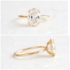 two different views of an engagement ring with a pear shaped diamond in the center and side