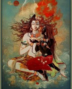 the hindu goddess sitting on fire with her hair blowing in the wind, surrounded by clouds and