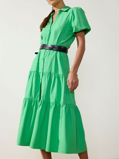 Our Havana Maxi Dress comes in a cotton blend and features romantic puff short sleeves, a tiered skirt, a button-front placket and a v-neckline. Havana Dress, Bright Green Dress, Dress Construction, Brochu Walker, Wrap Belt, Belt Length, Easy Breezy, Off Black, Small Chest