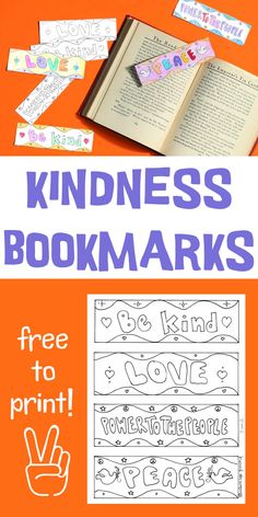 a bookmark with the words kindness and love on it, next to an open book