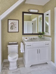 a white toilet sitting under a bathroom mirror