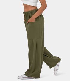 Women’s Mid Rise Elastic Waistband Drawstring Side Pocket Palazzo Flowy Wide Leg Casual Pants - HALARA Wide Leg Casual Pants, Flowy Wide Leg Pants, Cotton Casual Pants, Quick Dry Pants, Oversized Pants, Casual Cargo Pants, Wrap Pants, Split Legs, Casual Wide Leg Pants