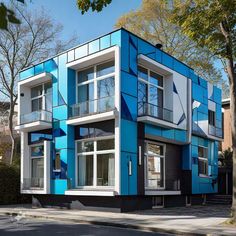 a blue and white building sitting on the side of a road next to some trees