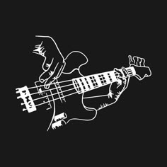 a black and white drawing of a person holding a guitar in their right hand, on a dark background