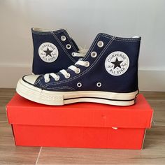 Brand New Condition. Color: Navy Midnight Blue Converse, Blue Sneakers With Rubber Sole, Retro Blue High-top Sneakers, Blue Retro High-top Sneakers, Blue High-top Sneakers With Gum Sole, Blue Sporty Sneakers With Flat Heel, Retro Blue Lace-up Sneakers, Blue Retro Lace-up Sneakers, Retro Blue Sneakers With Vulcanized Sole