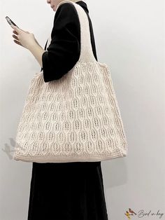 Bird in Bag - Hollow-Knit Tote Bag for Vacation Knitting Tote Bag, Knitting Tote, Crochet Bags, Bird In Bag, Medium Bags, Crochet Bag, Apricot, Solid Color, Tote Bag