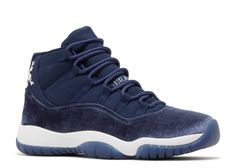 These Jordan 11’s are an all navy blue shoe with a white midsole. The base is the usual Jordan 11’s design in navy blue. Then there is wrap all the way around shoe that os navy blue suede. The outsole is then navy blue rubber. On the outward side of the shoe is the signature jumpman logo, but instead of it being embroidered or stamped. it is a metallic silver emlbem embedded on the shoe. 49ers Outfit, Jordan Yeezy, Jordan Retro 11, Navy Blue Shoes, Blue Jordans, Retro 11, Flight Club, Jumpman Logo, Navy Velvet