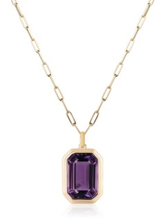 Amethyst emerald cut pendant with 18 karat gold chain by fine jewelry designer Goshwara Amethyst Jewelry Necklace, Necklace Displays, Contemporary Fine Jewelry, Amethyst Pendant Necklace, Amethyst Necklace Pendant, Bezel Pendant, Glamorous Look, Amethyst Jewelry, Topaz Earrings