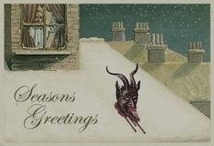 an old fashioned christmas card with a goat on the roof and words seasons's greetings