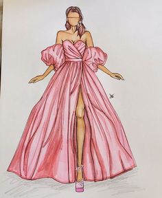 a drawing of a woman in a pink dress