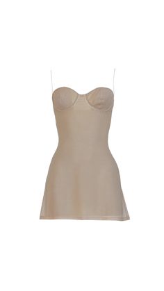 a women's beige dress with spaghetti straps and an underwiret on top