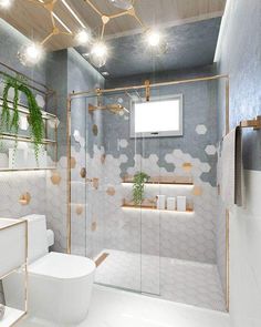 the bathroom is decorated in white and gold with plants growing on the shelves above the toilet