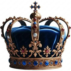 a gold crown with blue velvet and jewels on it's sides, set against a white background