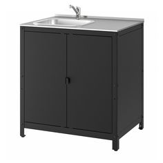 a black cabinet with a silver sink and faucet