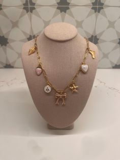 Gold hand-crafted charm necklace Gold Hands, Pink Bow, Charm Necklace, Necklace Etsy, Jewelry Necklaces, Pink, Gold