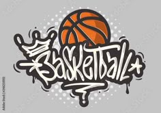 the word basketball written in graffiti style with a basketball ball and crown on it's head