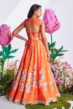 Orange attached cancan lotus printed lehenga embroidered with sequin and beads. Paired with padded blouse and dupatta embroidered with sequin, beads. - Aza Fashions Lotus Cutout, Print Lehenga, Printed Lehenga, Lotus Print, Padded Blouse, Raw Silk, Set For Women, Aza Fashion, Lehenga