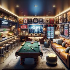 Discover the ultimate man cave - a spacious underground haven boasting pool tables, a dartboard, a brimful mini-fridge, and a full bar. Relax on the lush leather couch, play your favorite games on the big screen TV, or get lost in vintage rock memorabilia under the glow of neon lights. #ManCave #BasementDesign #GameRoom #HomeBar #SportsMemorabilia #RocknRoll Man Cave With Bar, Modern Billiard Room, Bar Pool Table, Small Man Cave, Fresh Popcorn, Basement Layout, Cozy Rooms