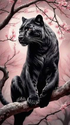 a painting of a black panther sitting on a tree branch