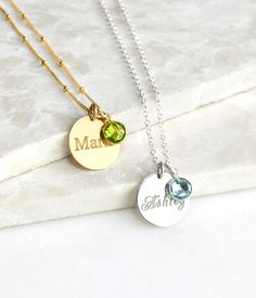 "This listing is for beautifully and dainty customizable necklace with a name engraved disk and a birthstone pendant of your choice. This necklace looks great alone or layered! The charm can be engraved on one or both sides. Please see last image for details. Disc charm is 16mm/ 0.5\" Birthstone is 6mm/ 0.2\" Optional engraving on backside. Default is \"Script\" unless otherwise specified. ★ ★ TO ORDER: Please select from the first drop down menu your choice for engraving. The second drop down m Personalized Pendant Charm Necklaces With Birthstone, Personalized Birthstone Pendant Charm Necklace, Birthstone Charm Necklaces With Round Pendant, Personalized Round Pendant Birthstone Necklace, Engraved Charm Necklace For Anniversary With May Birthstone, Dainty Personalized Round Pendant Birthstone Necklace, Round Charm Necklaces For Wedding, Personalized Minimalist Birthstone Necklace With Round Pendant, Personalized Round Pendant Charm Necklace With Custom Name