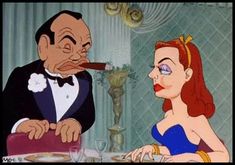 an animated man and woman sitting at a dinner table