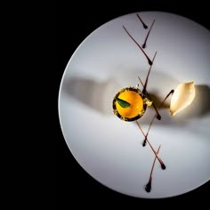 a plate that has some kind of dessert on it with chocolate and fruit in the middle