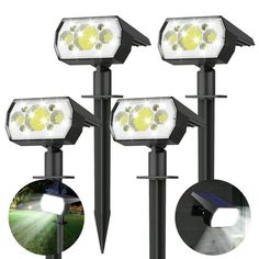 three solar powered outdoor lights on poles with pictures showing the different lighting modes and features